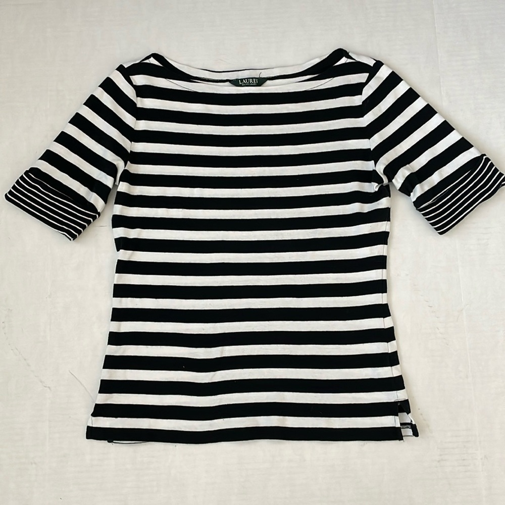 Lauren Ralph Lauren Boat Neck Stripe Black White Cotton Knit Short Sleeves Top M